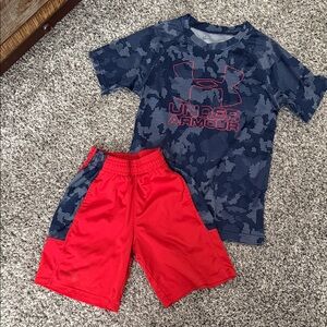 Under Armour Navy Camo Performance Tee with Red Athletic Shorts